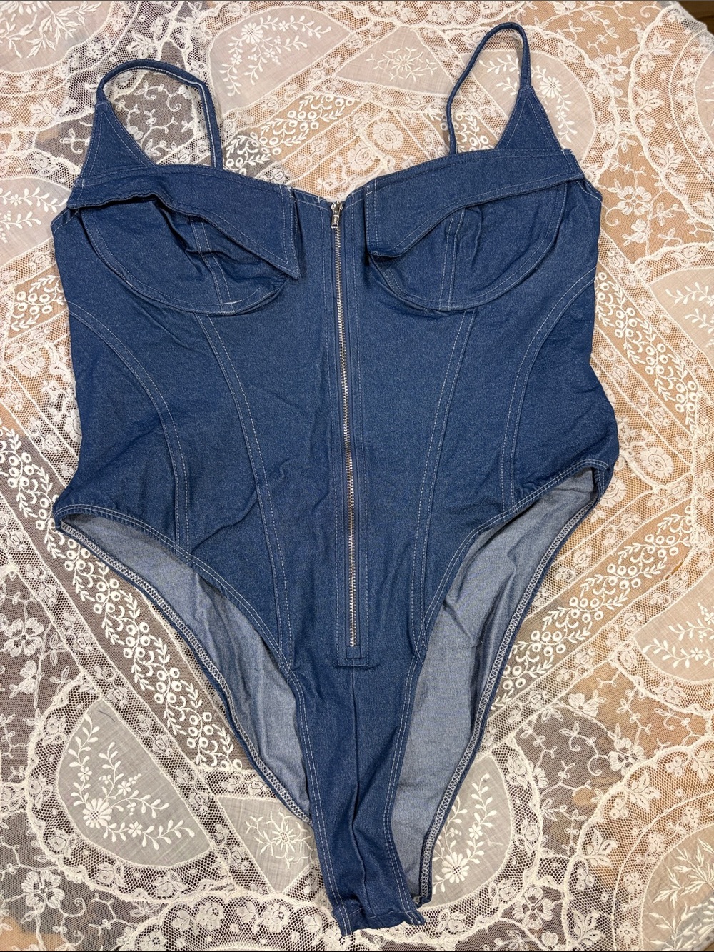 SHEIN Dark Blue Denim Corset Bodysuit with Front Zip